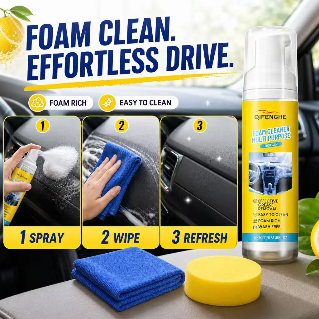 Multi Purpose Car Interior Foam Cleaner 100ml Lemon Scent Grease Stain Remover Wash Free With Towel Sponge
