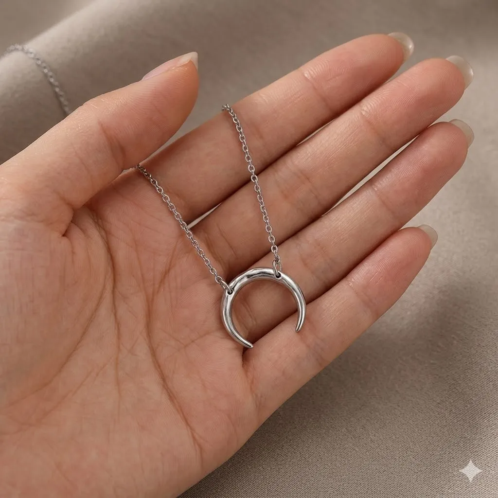 St-Delan 15mm Crescent Moon Pendant Necklace for Women Stainless Steel Dainty Minimalist Horn Choker Adjustable Jewelry