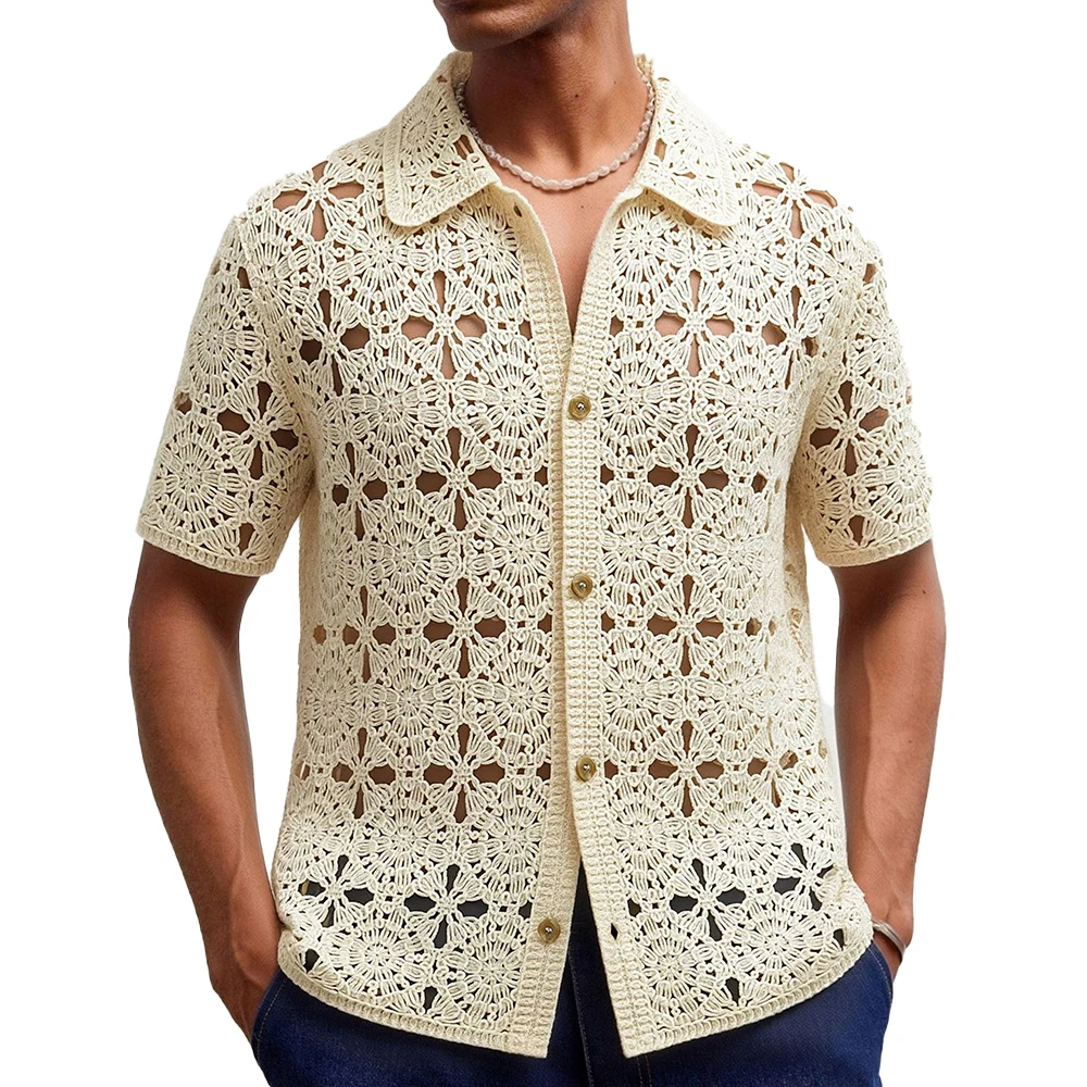 2026 Summer New Men's Hollow-Out Short-Sleeve Shirt American Retro Fashion Trendy Street Style Loose Casual Breathable Men's Top