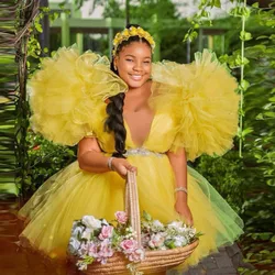 Yellow Tutu  Birthday Short  Party Dress Extra Puffy Ruffles Short Sleeves Mini Prom Gown Robe De Soiree Women Girls Formal Wear