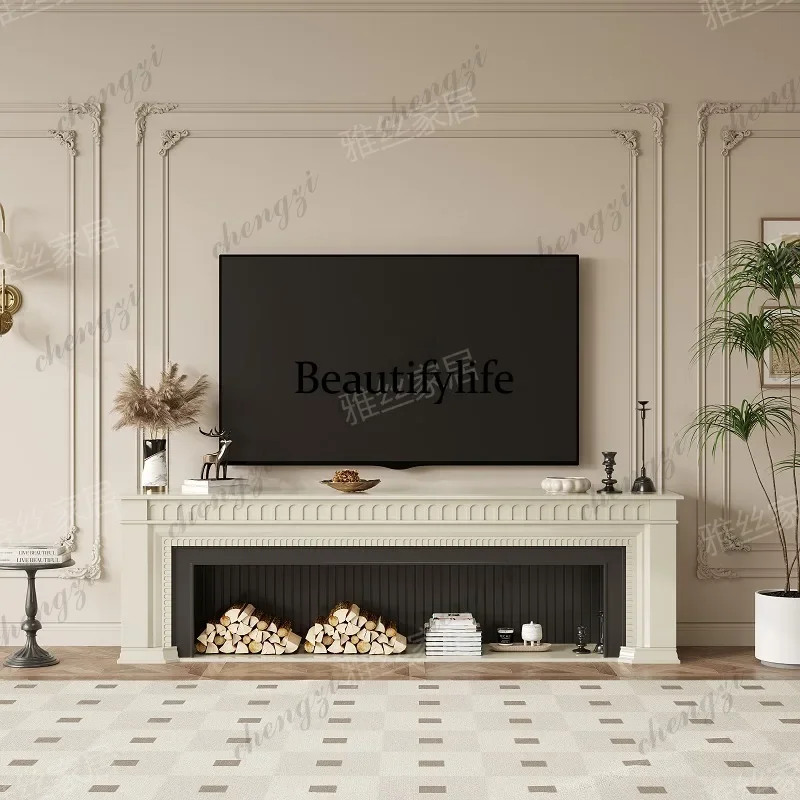 a95 American retro fireplace TV cabinet French cream style living room background wall TV cabinet Entrance cabinet Electronic si