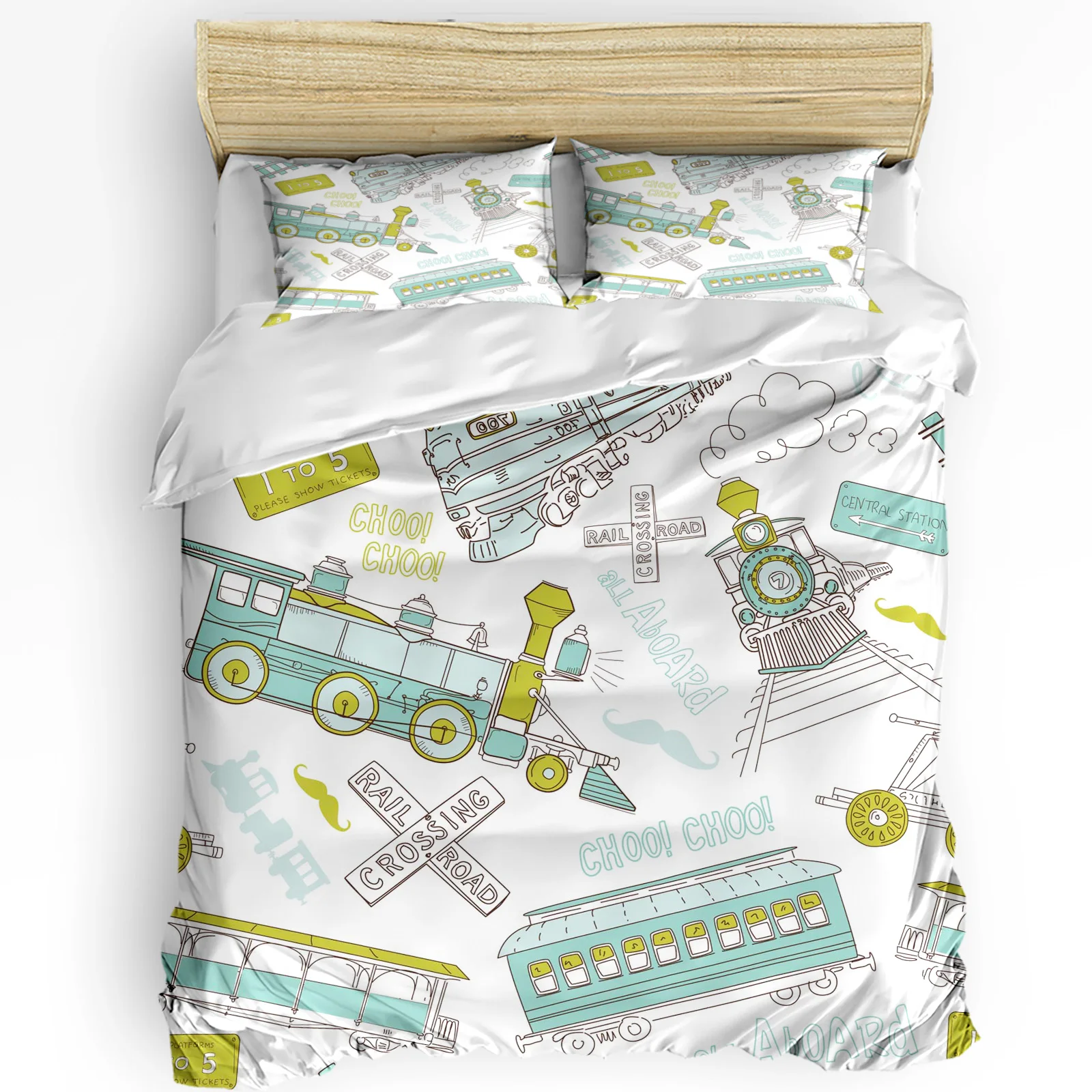 

Train Cartoon Transportation 3pcs Duvet Cover Set with Pillow Case Double Comforter Bedding Set Quilt Cover Couple Bed