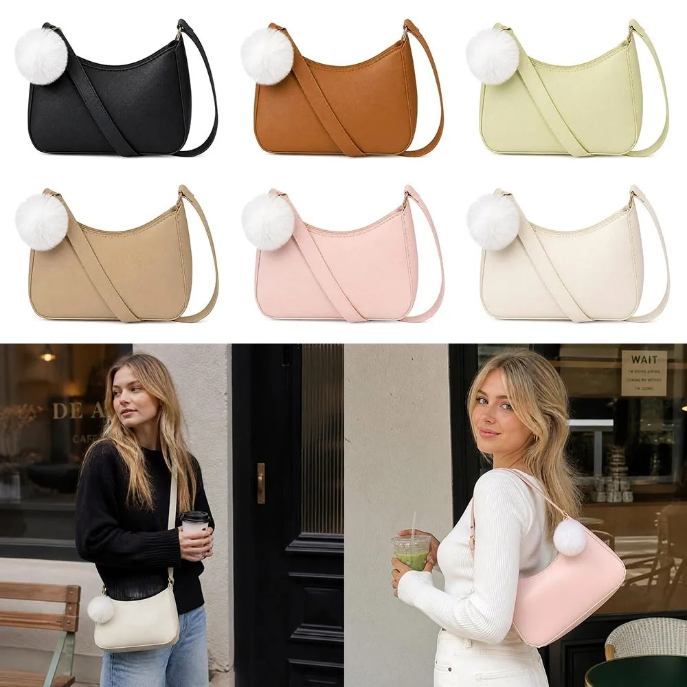 PU Leather Shoulder Bag with Faux Fur Pom-Pom Detachable Charm Underarm Bag Water Resistant Wide Shoulder Strap Mobile Phone Bag