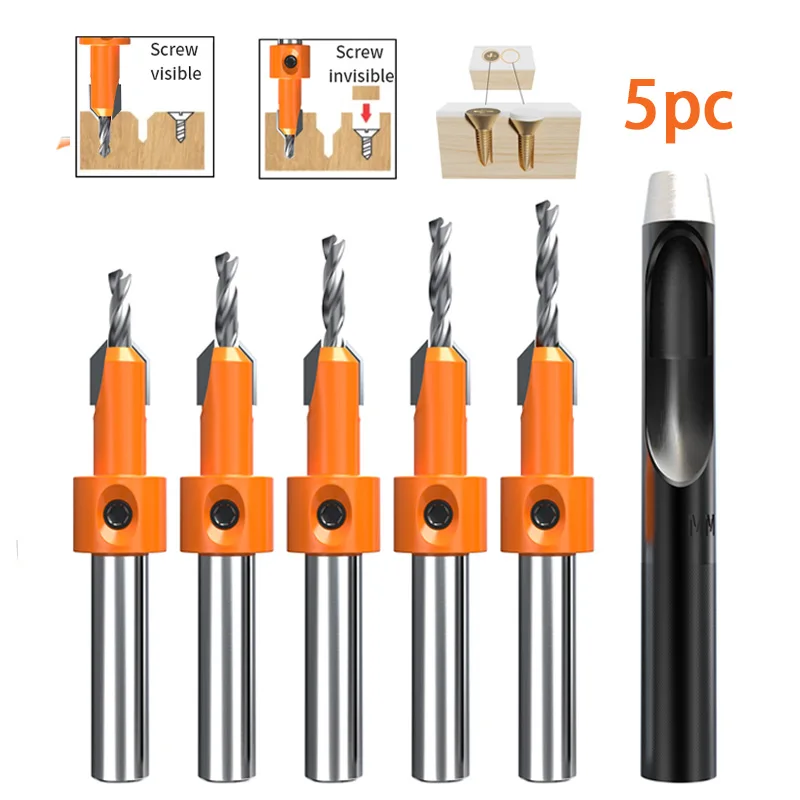 HUHAO 5PCS Countersink Drill Bit Set 8mm Hole Punch Set Screw Extractor Remon Demolition Wood Router Bits Woodworking Tools