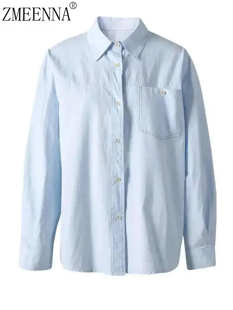 

ZMEENNA Women's Light Blue Button Down Shirt Long Sleeve Collared Blouse With Front Pocket Detail Casual Loose Fit Top ZM3266