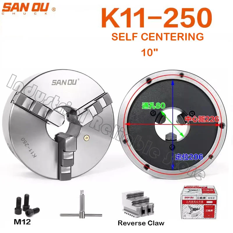 

SANOU K11-250 10" 3 JAW SELF CENTERING PRECISION LATHE CHUCK With REVERSIBLE HARDENED JAW FLAT BACK CENTER HOLE 3 1/8"