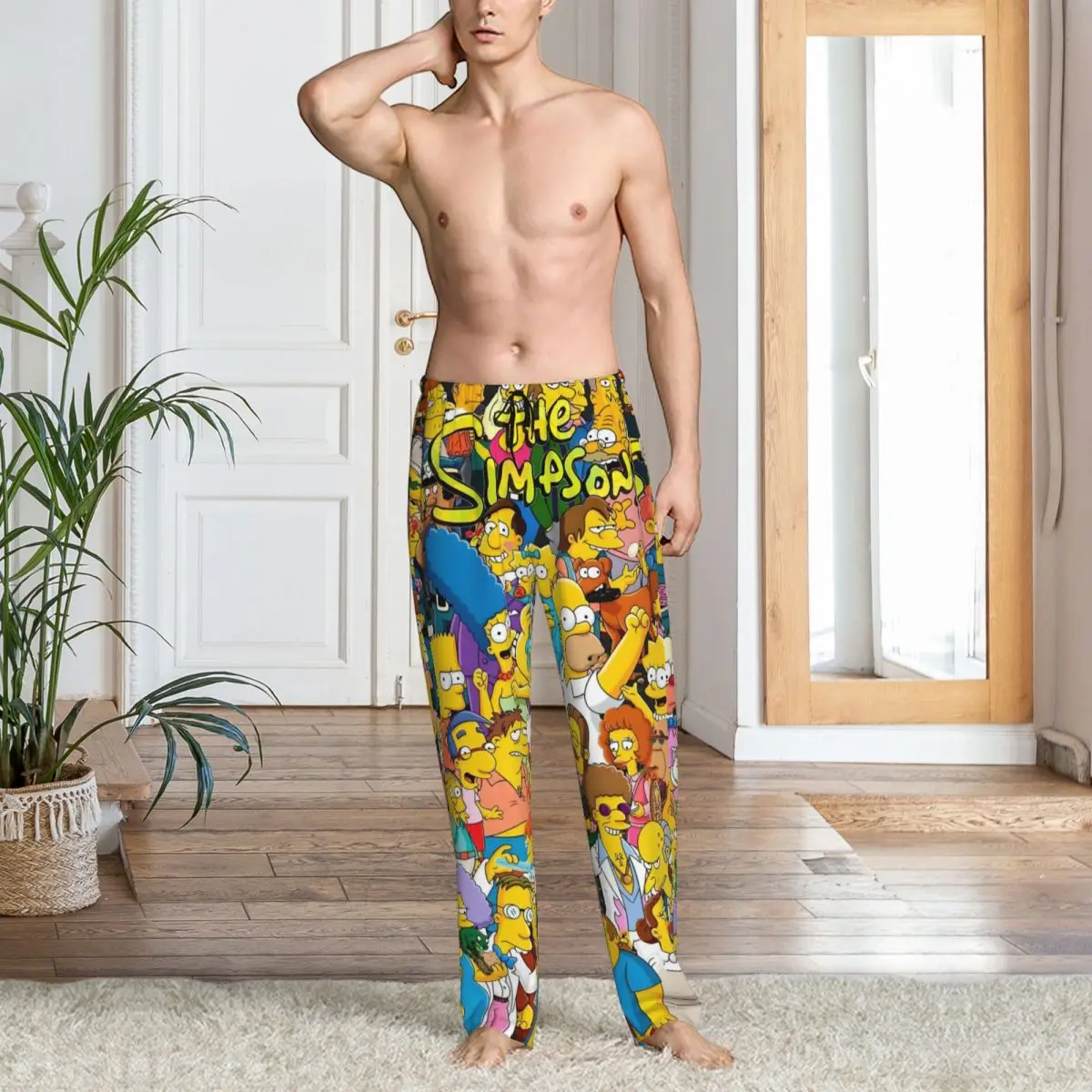 Custom Print Simpsons Pajama Pants Men's Animated Sitcom Sleep Sleepwear Bottoms with Pockets