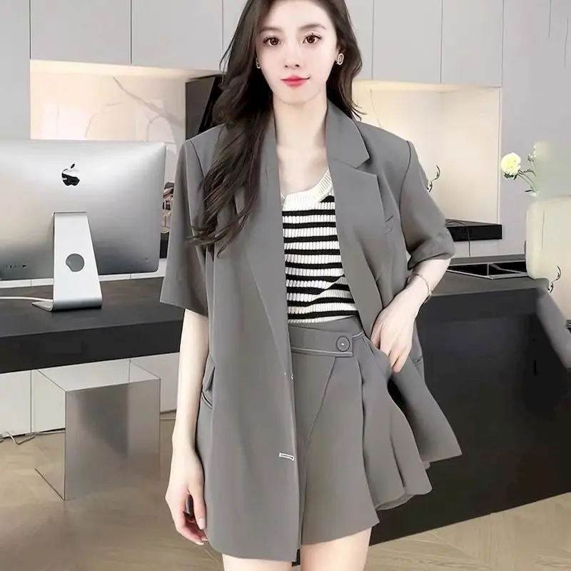 Short Sleeve Blazer Set for Women Summer Thin Temperament Casual High-end Fashion Blazers and Skirts 2 Piece Sets Womens Outfits
