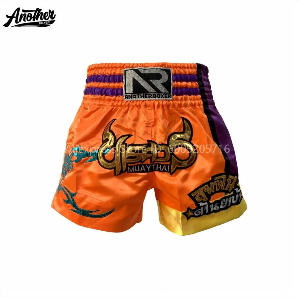 Kids Women Men Muay Thai Boxing Shorts, Embroidered Thai Letter Satin Boxing Trunks, MMA Training Kickboxing Gym Sparring Wear