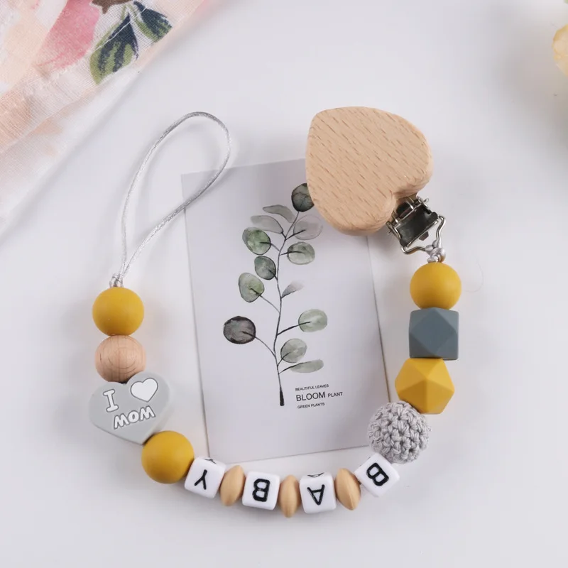 Fatto a mano personalizza nome clip per ciuccio a cuore in legno guinzagli porta ciuccio in Silicone catena massaggiagengive sicuro regalo per Baby Shower