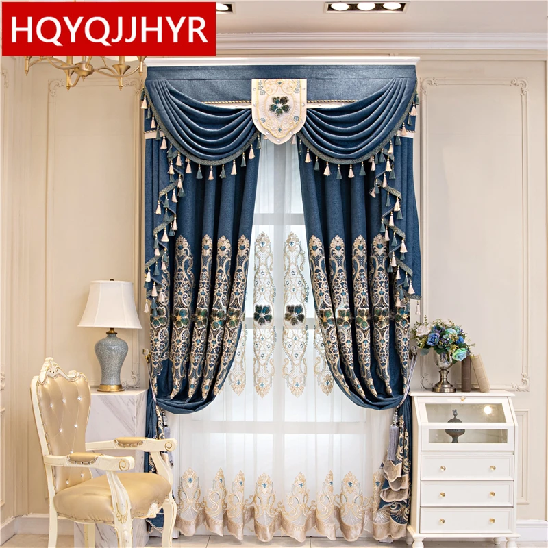 

Dark Blue Exquisite Embroidered Chenille Curtains For Living Room Windows High Quality Embroidered Valance Curtains For Bedroom