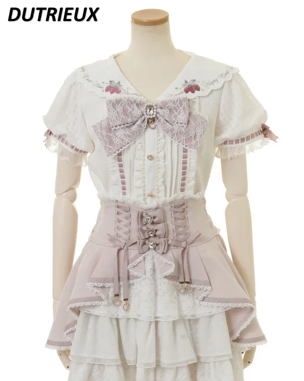 Lolita Shirts Japanese Style Women's Tops Summer New Embroidered Sailor Collar Shirts Sweet Cute Bowknot Short Sleeve Blouse