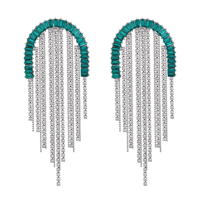 Fashion temperament Alloy rhinestone earrings, high-end long super flash fringed ear jewelry, women's wholesale