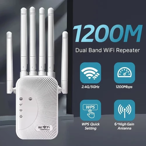 Repetidor WiFi de 1200Mbps, amplificador inalámbrico de doble banda, red de 2,4G y 5GHz, amplificador de señal de largo alcance, antena, enrutador amplificador de red