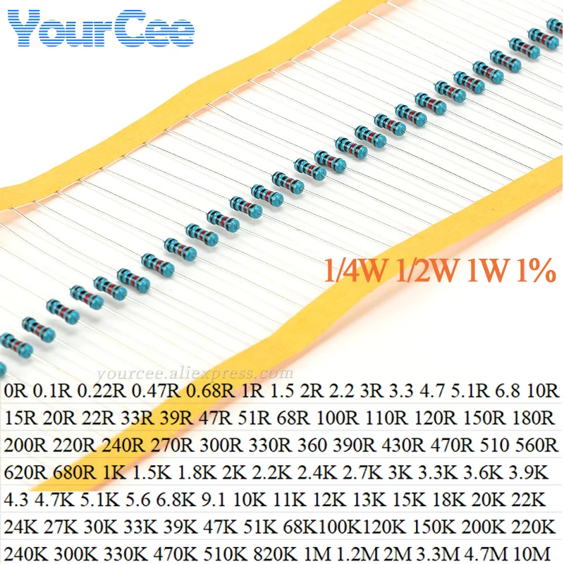 50pcs 1W 1/4W 1/2W Metal Film Resistor 1% 51R 51K 47R 470K 4.7R 360R 33R 33K 330R 330K 27R 270R 240K 200R 200K 1R 1M Resistance