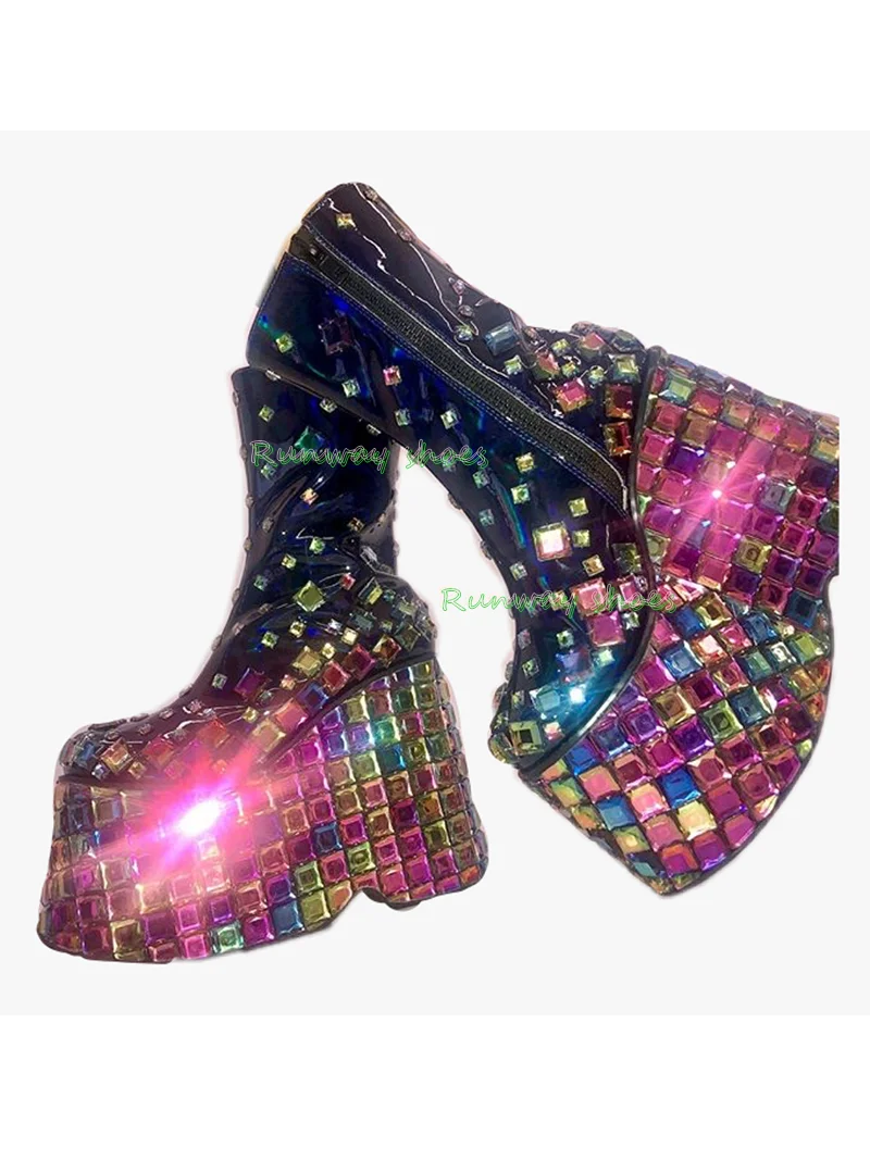 Rainbow Rhinestone Ankle Boots Black Laser Patent Leather Side Zipper Women's Boots Ultra-High Platform Party  Winter Boots