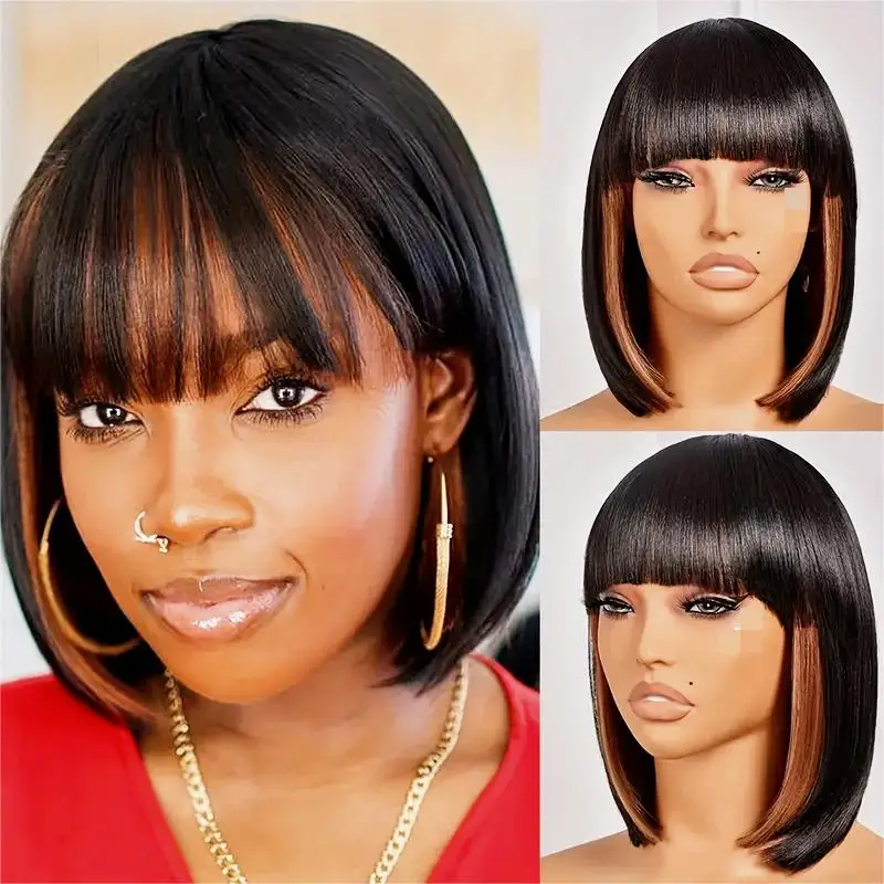 Synthetic Black and Blonde Hair Wigs with Bangs Highlight Straight Bob Wig for Woman Daily Party Cosplay Wig Heat Resistant Hair