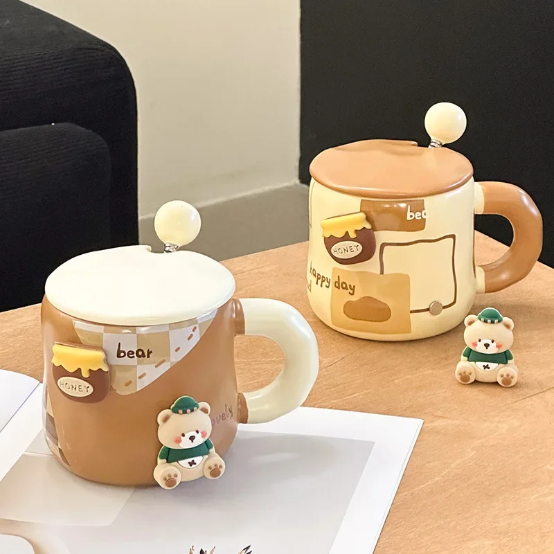 Niedlicher Bär, verdickte Keramiktasse mit Deckel und Löffel, Kaffeetasse, Geburtstagsgeschenk, Tasse für Zuhause, Paar, Milchkaffeetasse