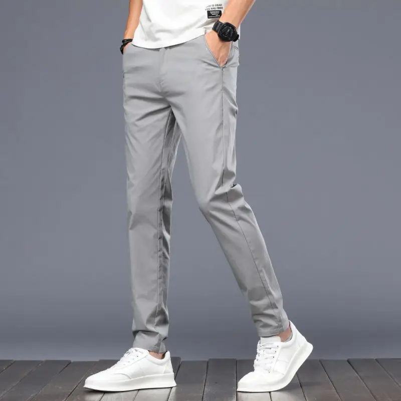 

Men Look Taller Thin Casual Suit Pants Male Slim Fit Korean Style Blazer Pants Ankle Length Cropped Light Gray Trousers