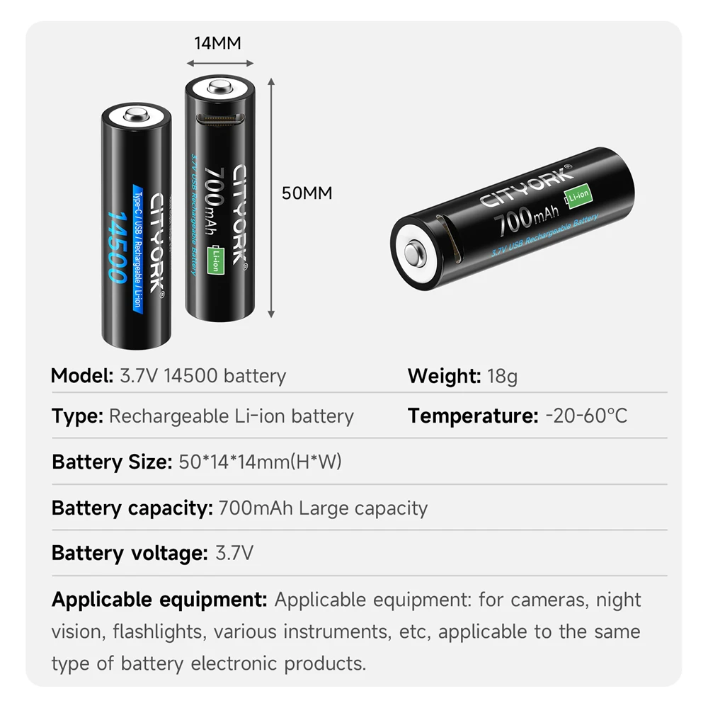 14500 AA USB Battery Rechargeable 3.7V 700mAh Finger Battery with Type-C Fast Charge Port for Led Flashlight Toys Mouse Headlamp