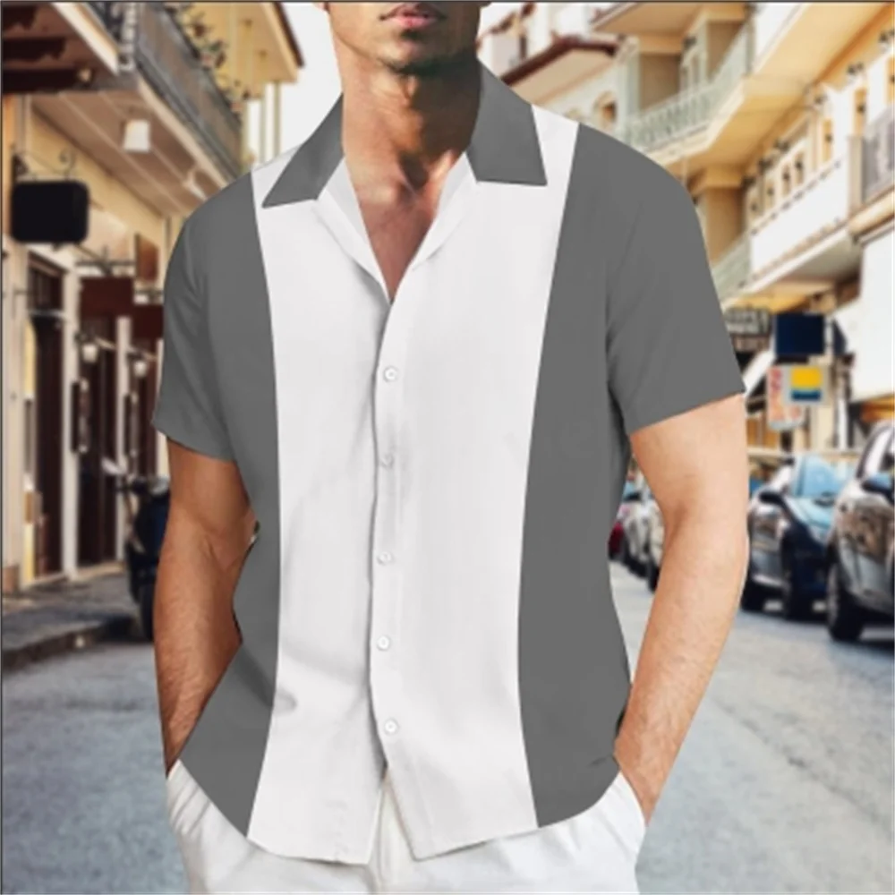 Men's 3D digital printed striped patchwork summer short sleeved shirt plus casual top lining