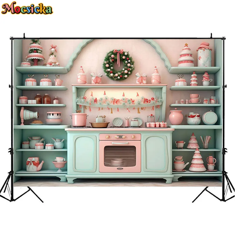 Christmas Modern Kitchen Photography Backdrops Winter Indoor Cooking Kids Portrait Cake Smash Background Xmas Tableware Props