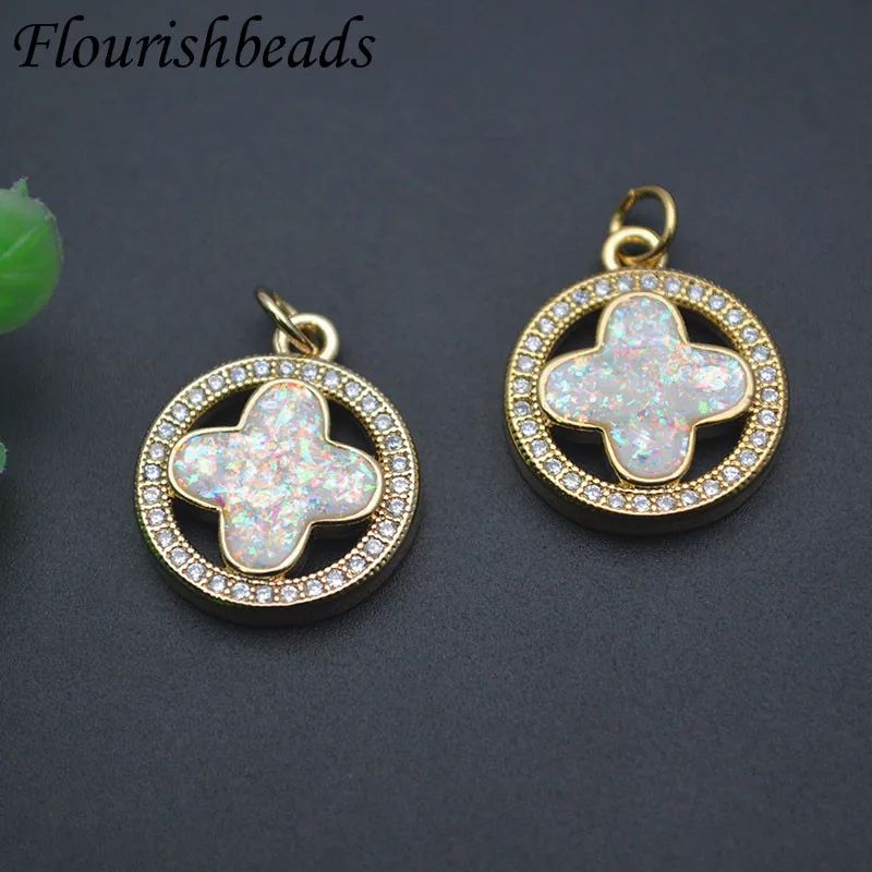 New Arrival Flower Shape Paved Zircon Round Shape Opal Pendant for DIY Jewelry Making Necklace 10pcs/lot