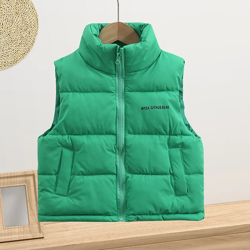 Winter Autumn Teen Girls Vest Solid Color Letter Print Thick Warm Stand Collar Jacket For 4-14 Years Boys Down Cotton Waistcoat