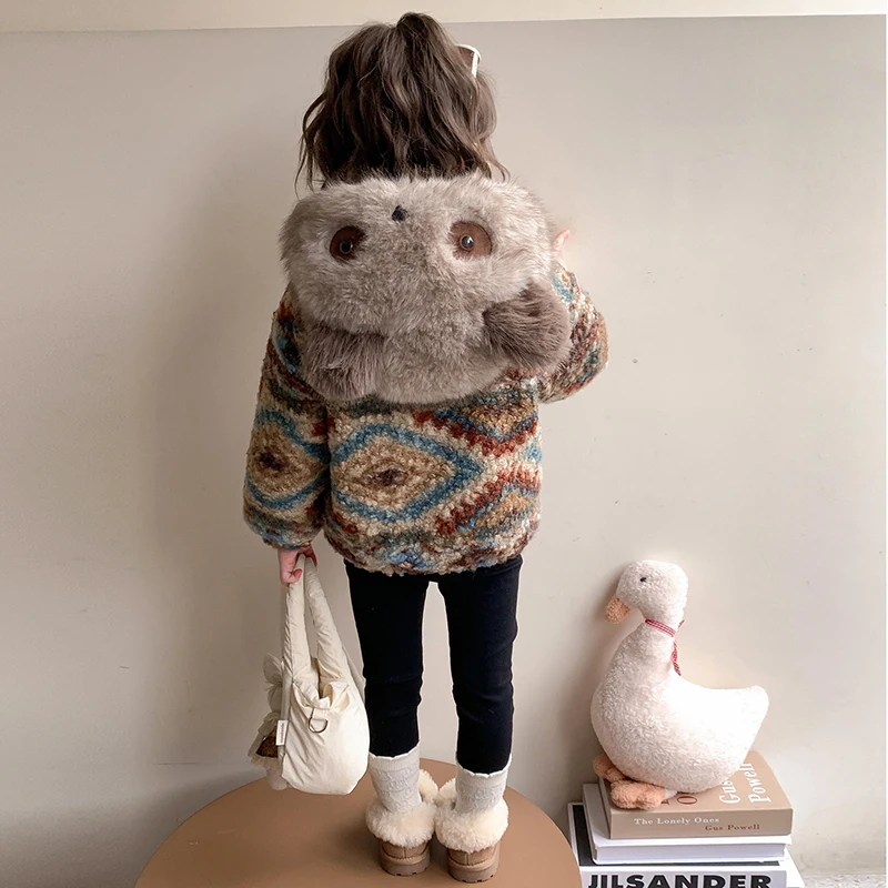 2026 autumn children's faux fur coat with rainbow pattern furry fur winter girls' coat spring cartoon bear boy's cotton jacket