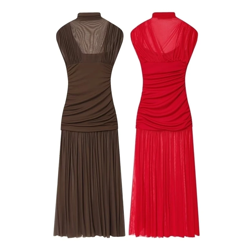Chic Sexy marrón Patchwork tul vestido de fiesta de noche elegante plisado vestido largo moda 2025 Vestidos de invitados de boda