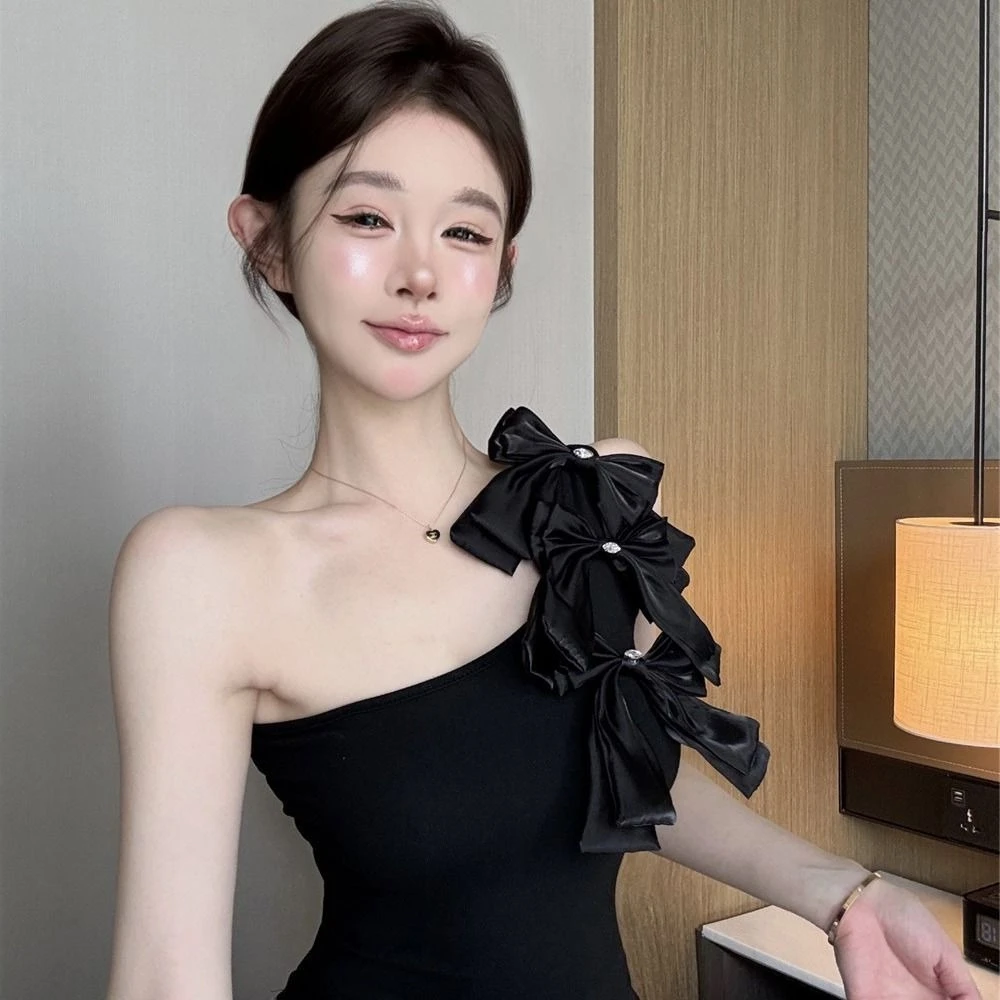 

2025 Womens Y2K Aesthetic One Shoulder Tube Top Summer New Fairy Style Bow Off Shoulder Slim Fit Short Crop Vest