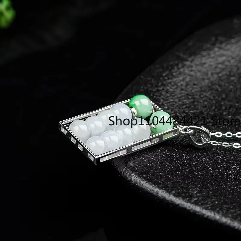 Natural Jadeite Abacus Pendant S925 Silver Inlaid Hand-carved Exquisite Fashion Ice Jade Necklace Men and Women Holiday Gift