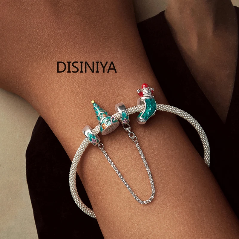 Disiniya 925 Sterling Silver Xmas Tree House Charm Bead Fit Original Bracelet DIY Bamoer Charm for Jewelry Making Christmas Gift