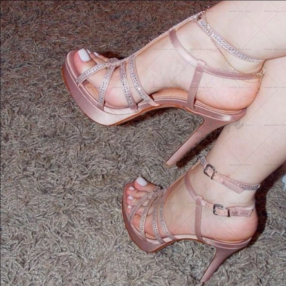

Gold Crystal Cut Out Platform Sandals Ankle Strap Thin High Heels High Heel Shoes for Women Heels 2025 New Zapatos Para Mujere