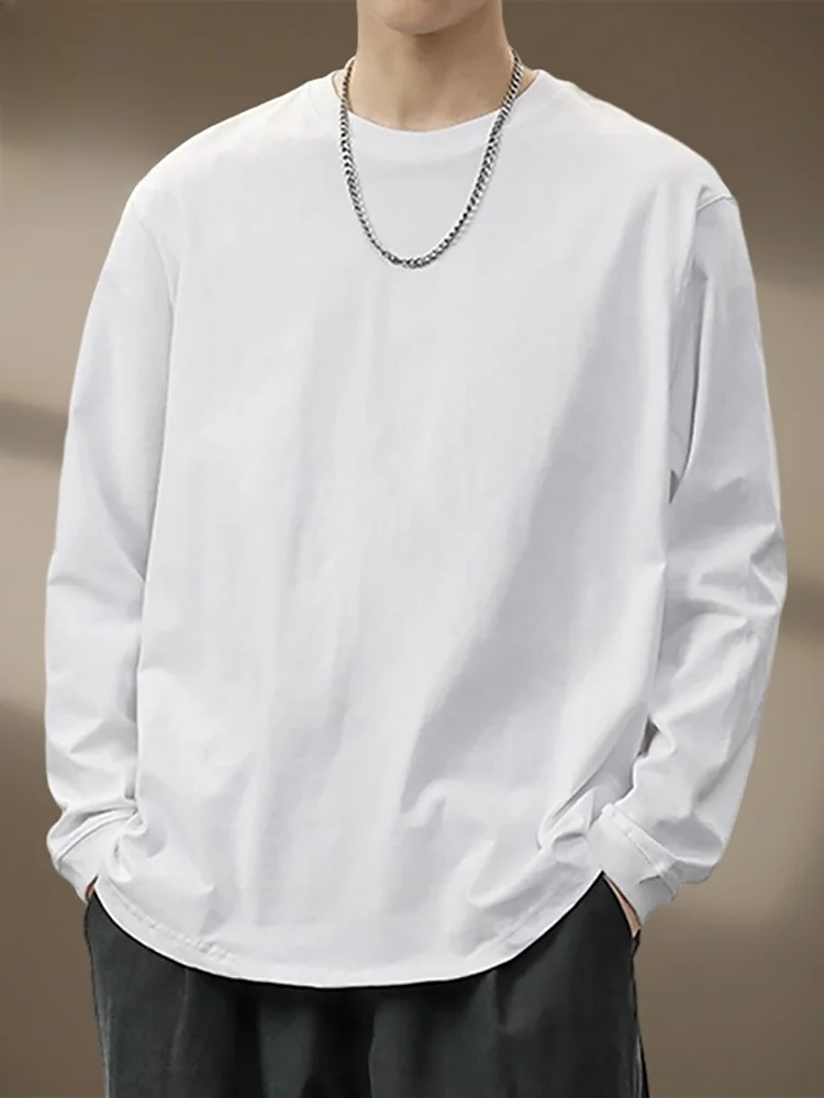 

Мужская футболка из чистого хлопка с длинным рукавом, весна 2026, новая модель, круглый вырез, повседневная, белая, базовая, удобная посадка, модель M