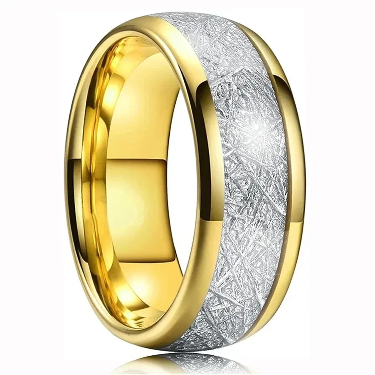 Luxury 8mm Gold Color Men Stainless Steel Wedding Rings Inlay Meteorites Engagement Rings For Men Party Jewelry Drop Shipping