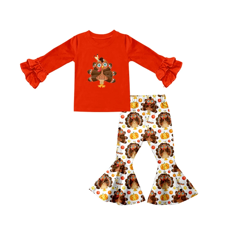 

Thanksgiving girls clothes long sleeve 2-layer lace style bell pants suit red turkey pattern milk silk fabric