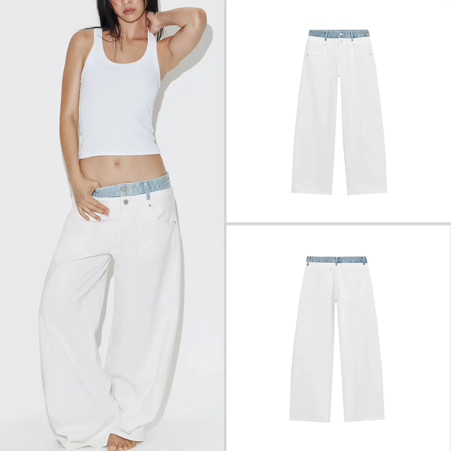 Fashionable Double Layer Waist Wide Leg Jeans Women's Summer New Arrival ZADATA Brand Loose Fit Natural Waist Button Closure