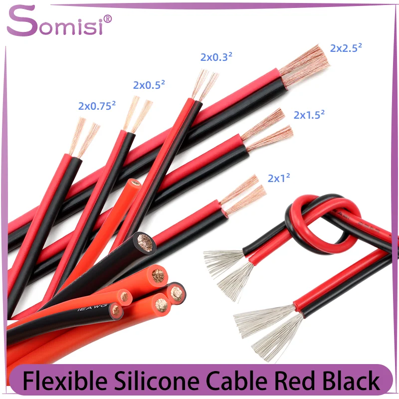 1~10m Flexible Silicone Cable Red Black Car Battery Wiring 30 28 26 24 22 20 18 16 14 12 10 8AWG Heat-resistant Electrical Wire