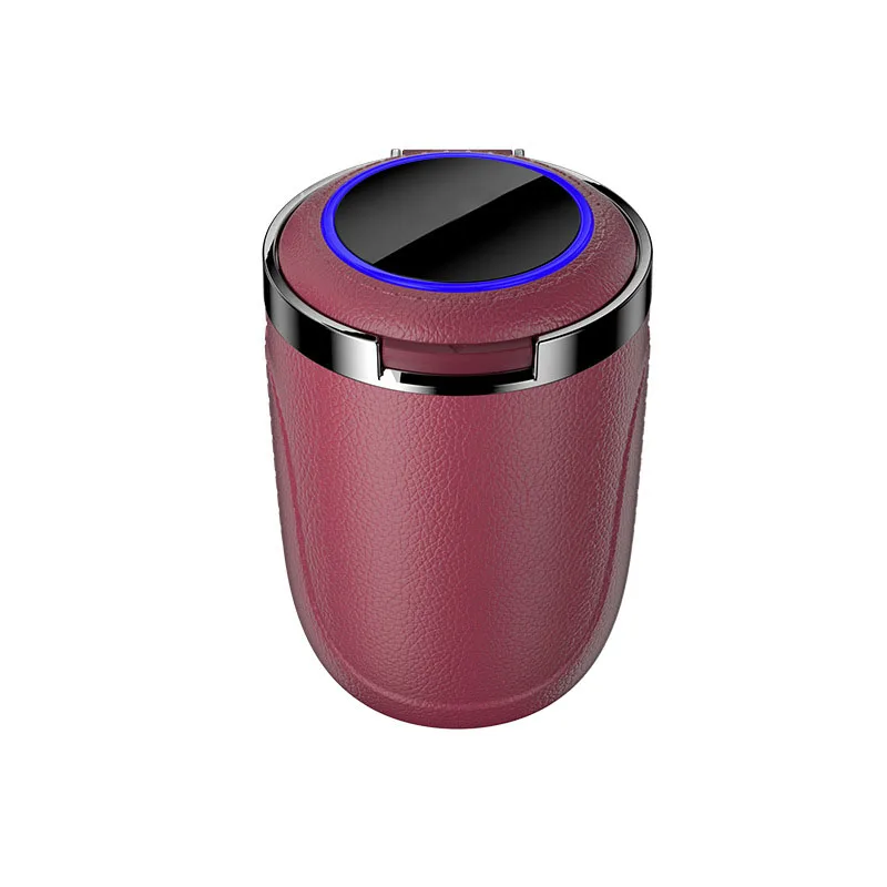 PU Leather Car Ashtray with Lid Smell Proof Stainless Steel Blue Led Portable Ashtray Cup for Auto Fireproof Shell