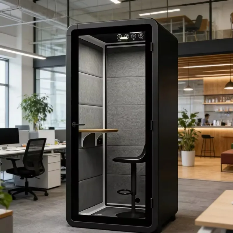 Mobile Acoustic Phone Booth Meeting Pod on Caster Wheels Noise Reduction Felt Interior Glass Panel for Corporate Lobby Airport