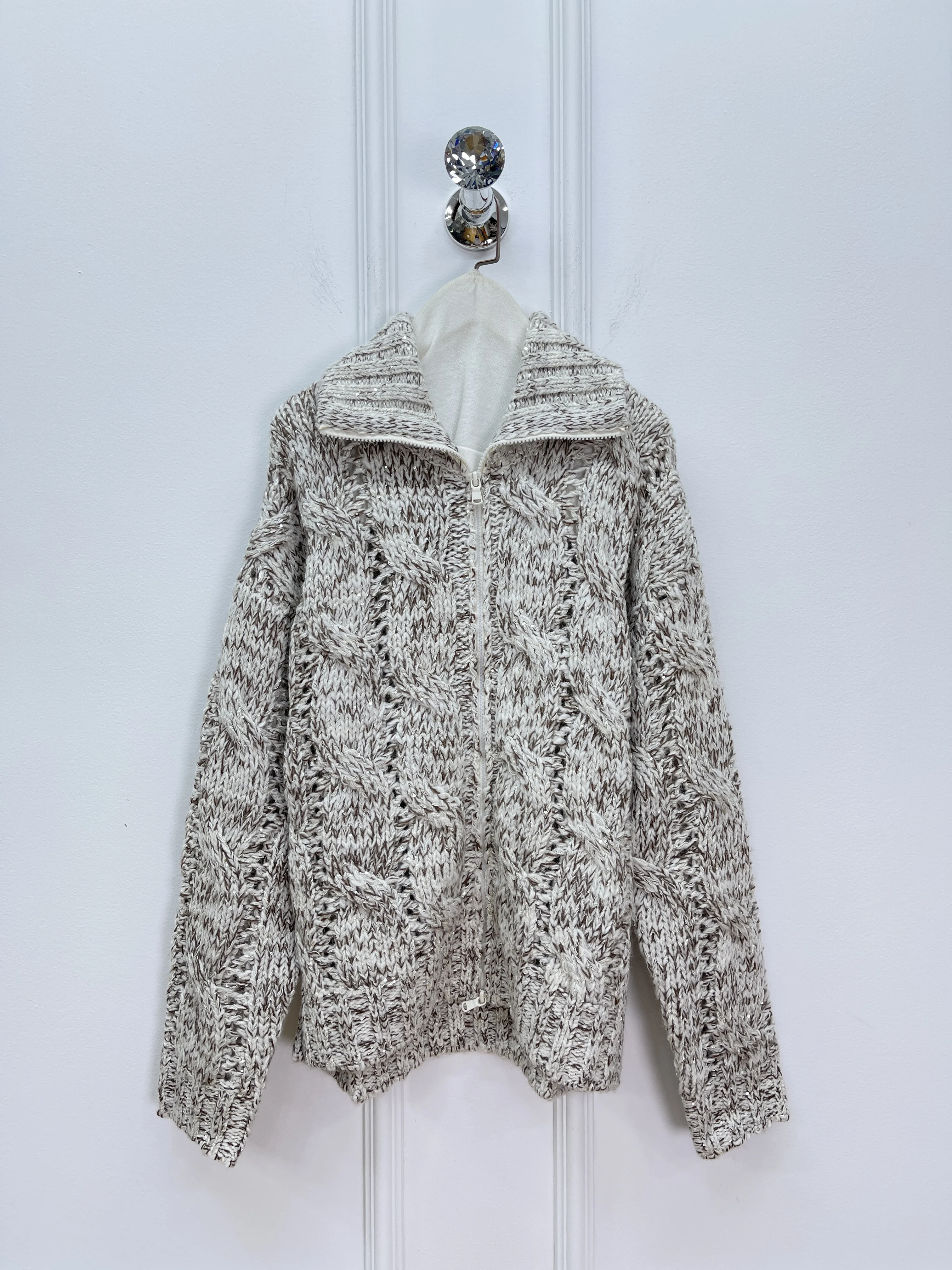 

2025 Autumn and Winter New Style Knitted Sequin Yarn Zipper Knitted Cardigan Jacket Women