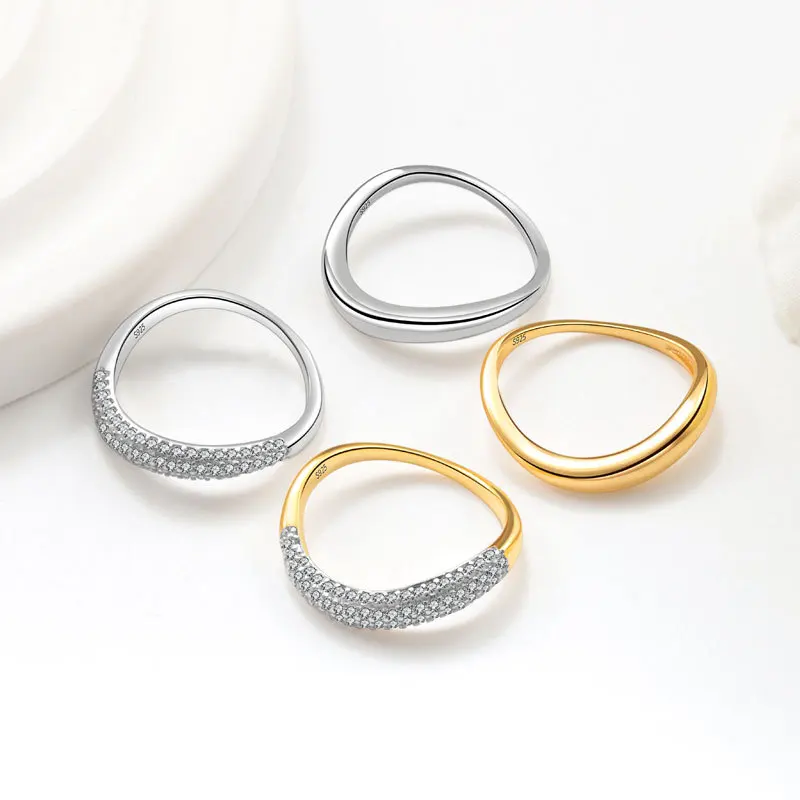 F.I.N.S Luxury S925 Sterling Silver Ring Combination Wave Smooth Zircon Stackable Index Mid Finger Fashion Fine Jewelry Gifts
