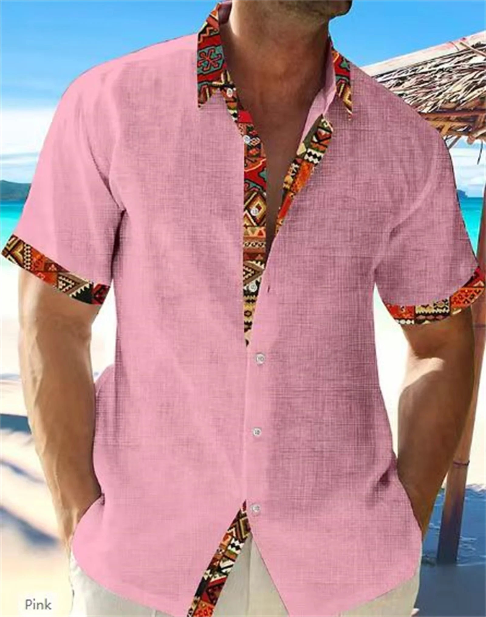 2023 Summer Fashion New Men's High Quality Hawaiian Beach Linen Short Sleeve Shirt Men's Street Solid Top Plus Size