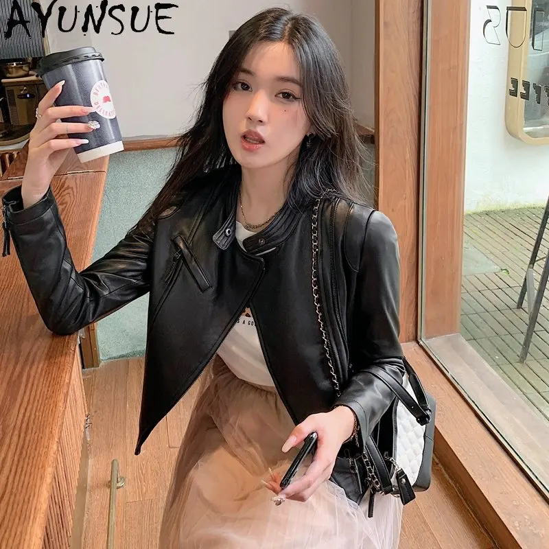 AYUNSUE Blouson court en cuir véritable femme, slim, peau de mouton véritable, 2023