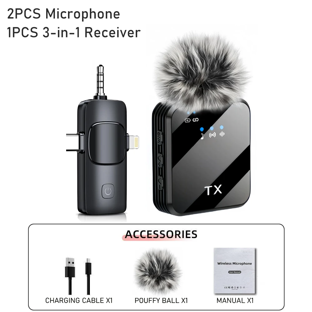 3in1 Wireless Lavalier Microphone for Camera,iPhone,Android,Microphone for Video Recording Recording Podcast Noise Reduction mic