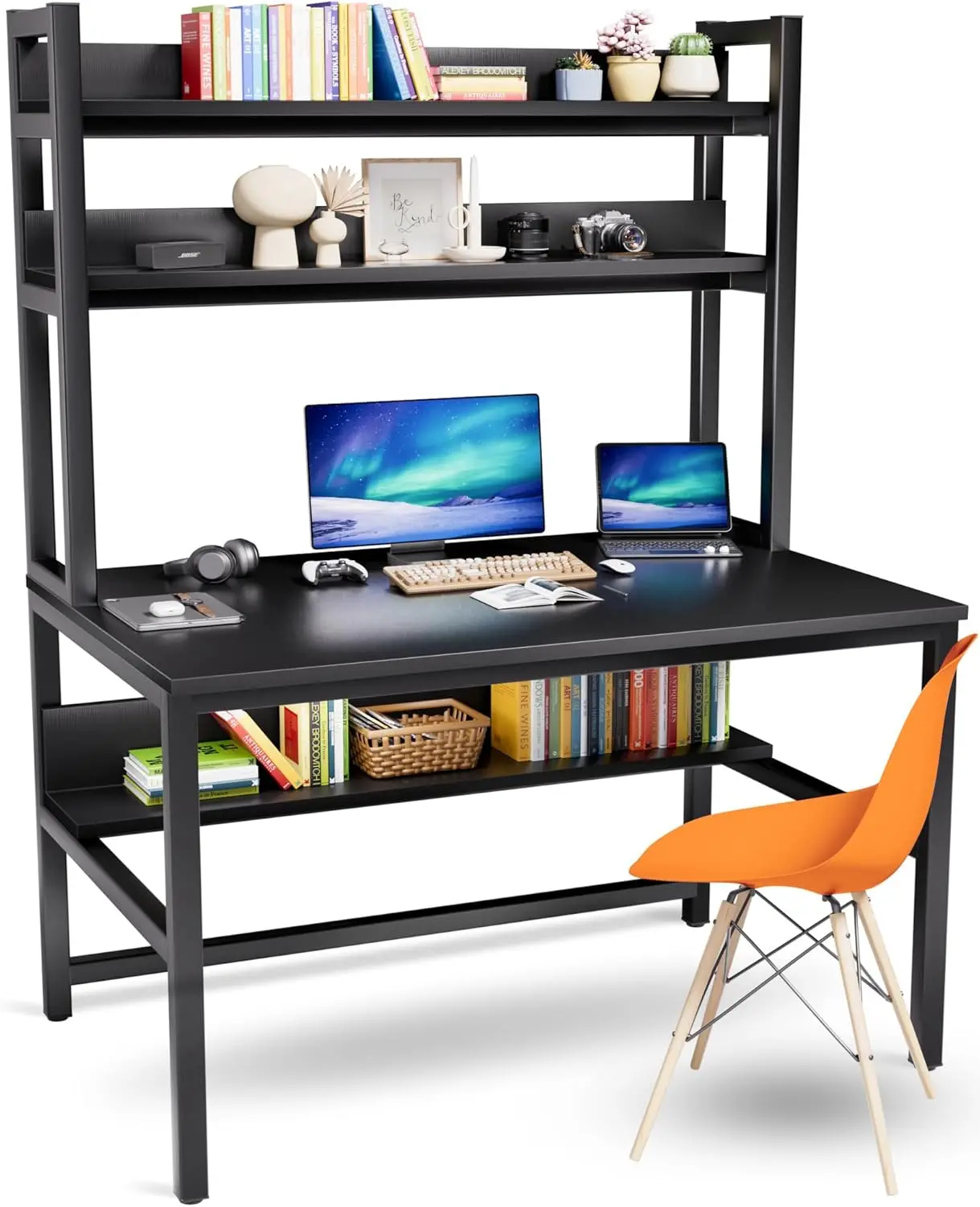 

47 inch Computer Desk with Hutch & Bookshelves, Large Leg Room, Black, Easy Assembly