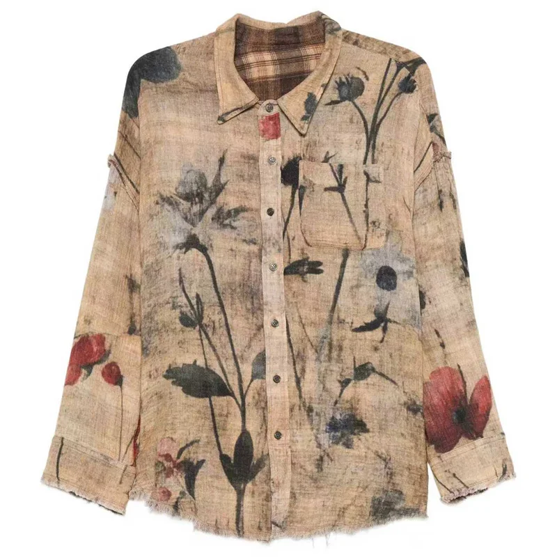 

Женская рубашка, новый однобортный топ с длинными рукавами и свободным воротником на осень 2021, женская блузка из чистого хлопка с принтом, тонкое пальто