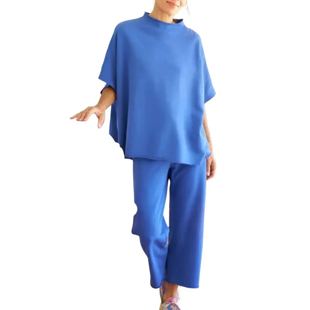 Women Loose Fit Pants Suit Chic Women\'s Bat Sleeve Top Wide Leg Trousers Set for Stylish Ol Commute Versatile Outfit with O Neck