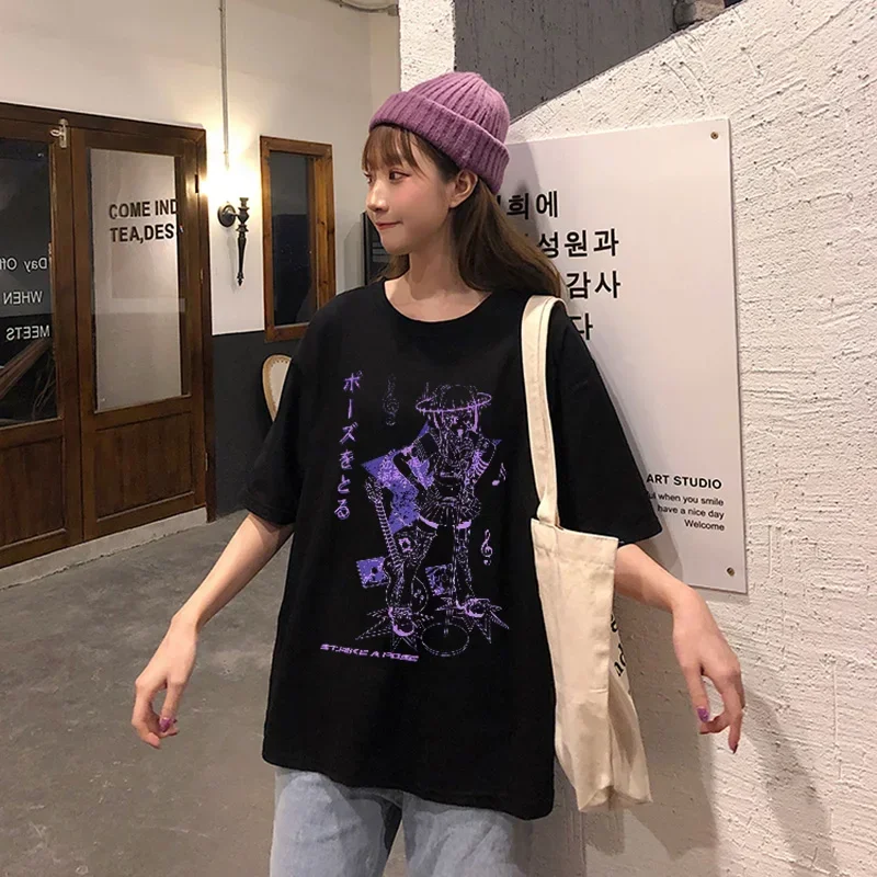 T-shirt oversize da donna Kawaii Goth Harajuku Music Girl Print Black Crop Top manica corta t-shirt da donna Y2k Mujer Grunge Kpop